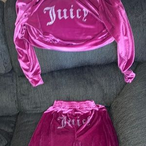 Pink Tracksuit with Juicy bedazzled across the backs of the jacket and joggers.